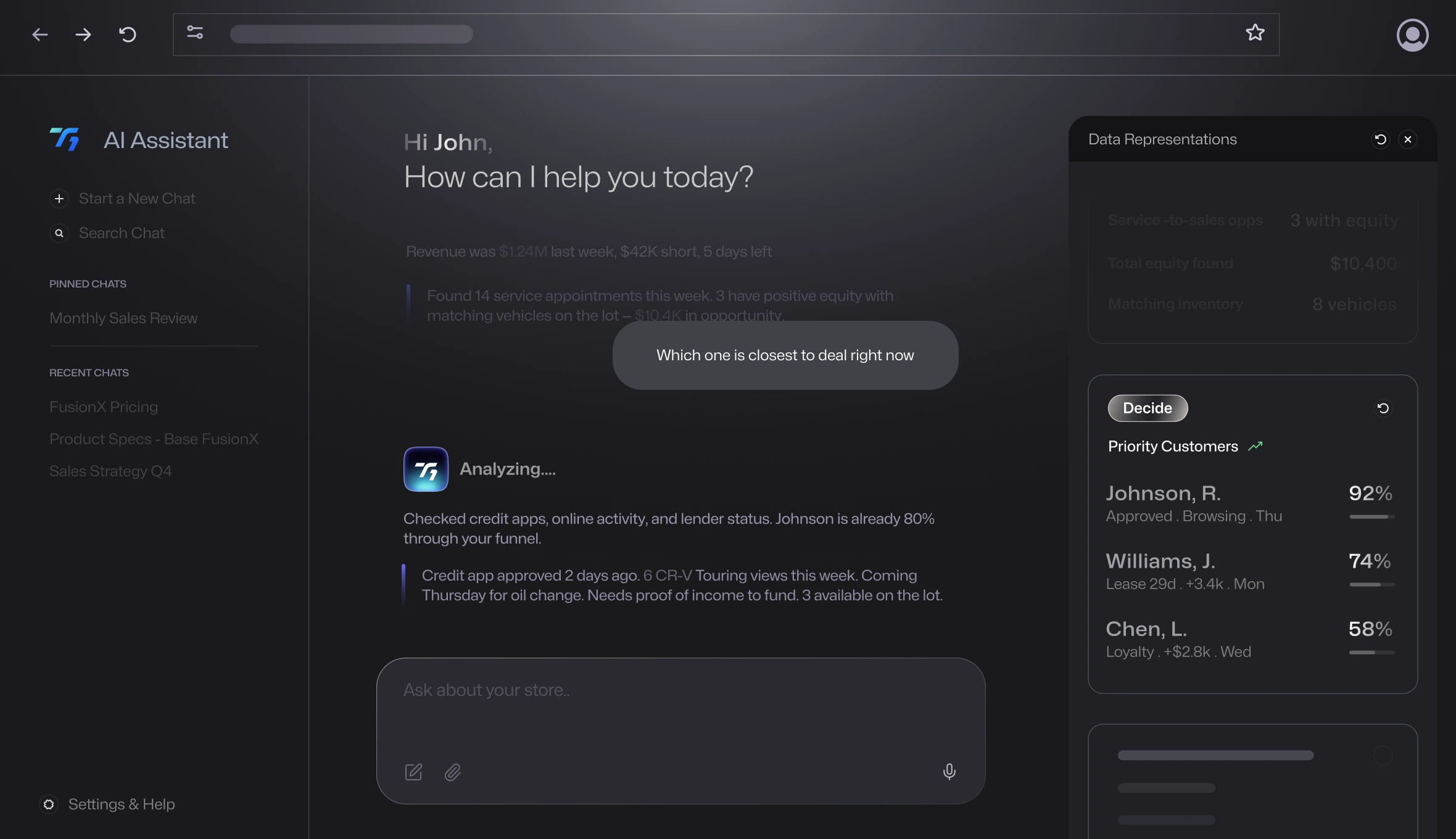 Dark-themed AI assistant dashboard illustrating the DECIDE capability — displaying credit approval analysis, customer priority breakdown via pie charts and percentages, recent news, and data representations to support decision-making.