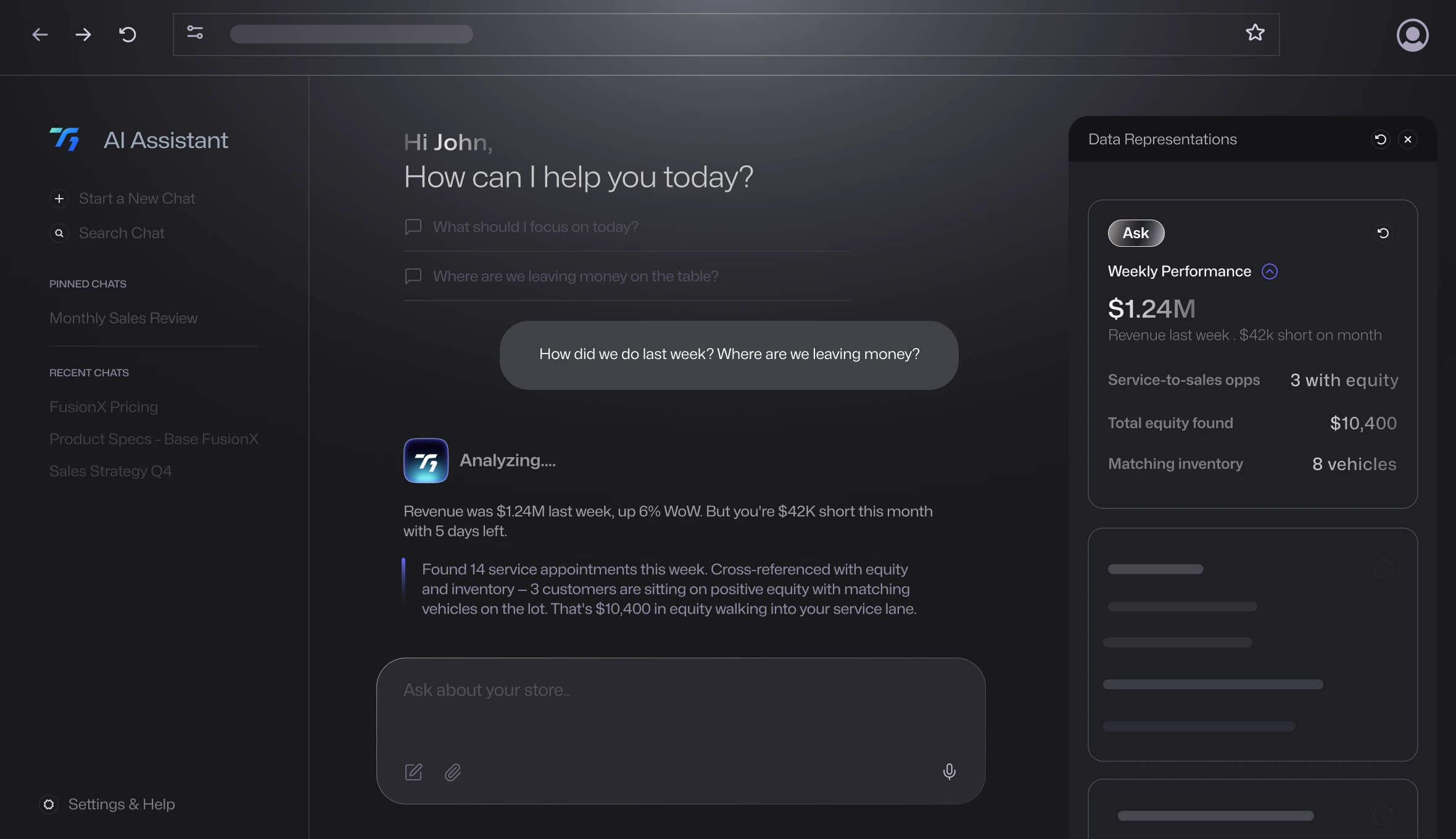 Dark-themed AI dashboard illustrating the ASK capability — a chat interface where users query financial data, including weekly performance metrics, monthly revenue analysis, total equity, and number of vehicles managed.