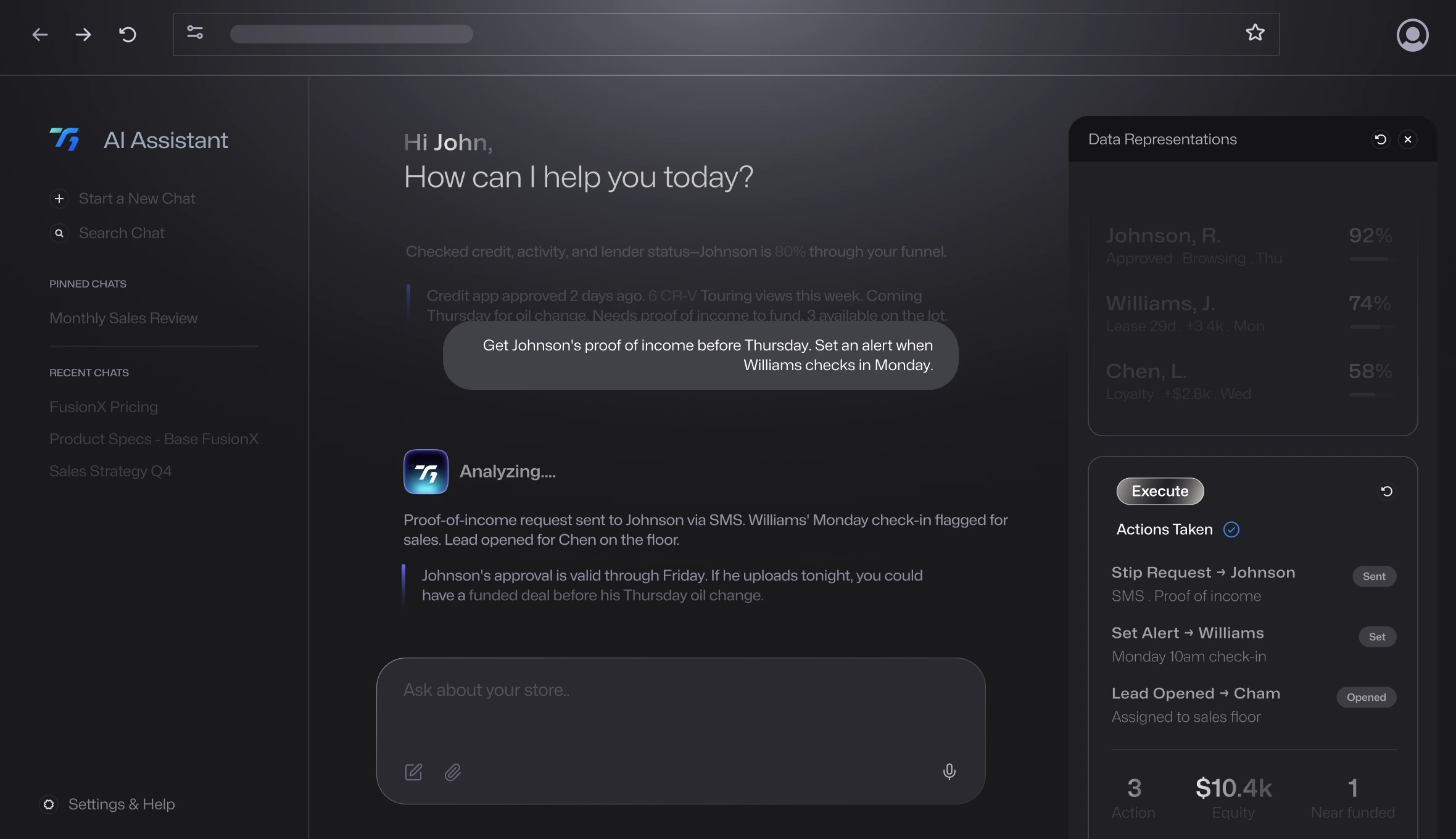 Dark-themed AI assistant dashboard illustrating the EXECUTE capability — showing a chat interface with tasks, data representations, and action buttons for managing client information and setting reminders