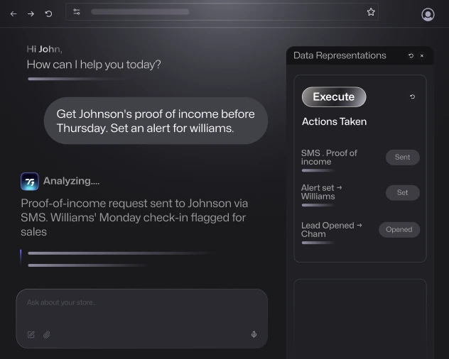 Dark-themed AI assistant dashboard illustrating the EXECUTE capability — showing a chat interface with tasks, data representations, and action buttons for managing client information and setting reminders