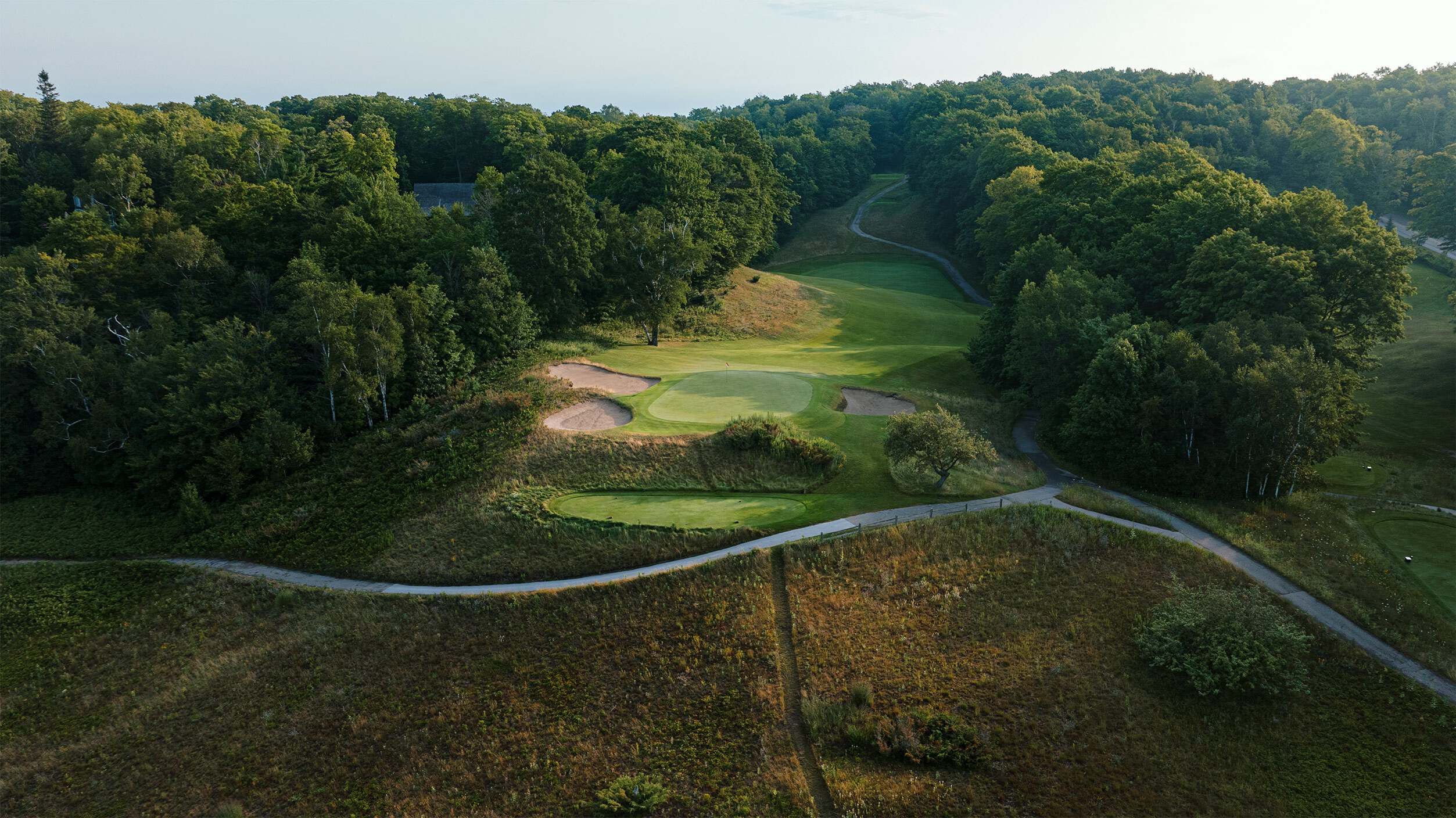 Aerial view of a green at Crystal Downs