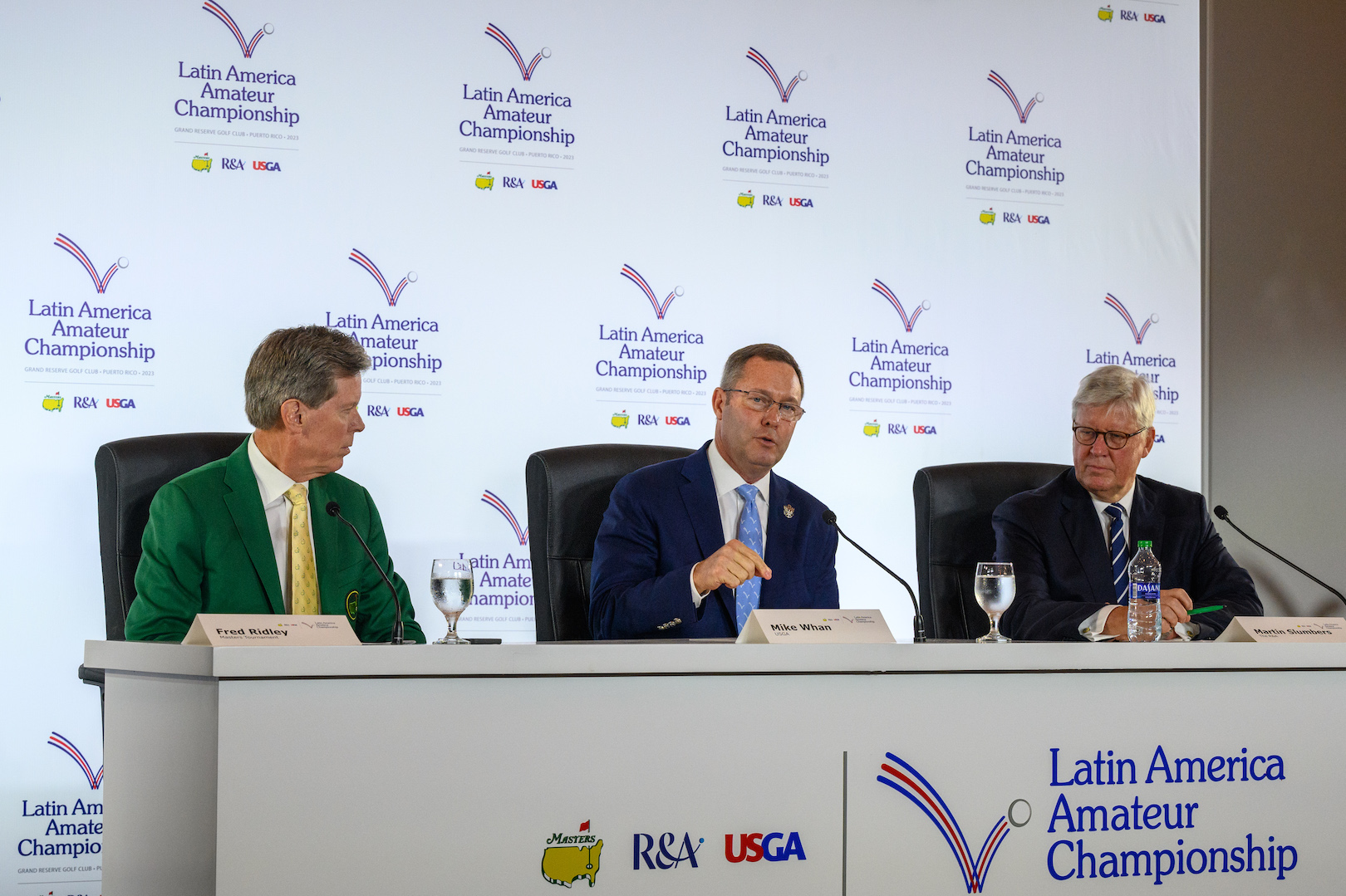 Chairman of Augusta National Golf Club Fred Ridley, Mike Whan, Chief Executive of the USGA, Martin Slumbers, Chief Executive of The R&amp;A, speak to the media in the Founding Partners of the Latin America Amateur Championship