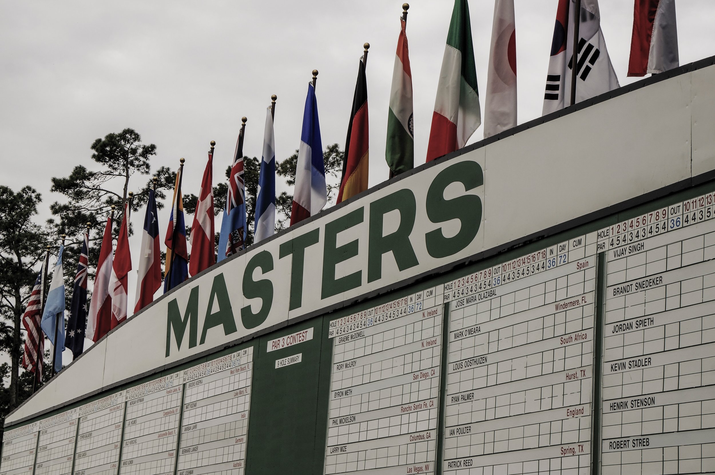 The Masters leaderboard before the 2015 Masters Tournament at Augusta National Golf Club in Augusta, Georgia.
