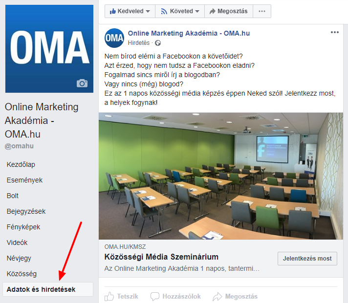 Adatok és hirdetések a Facebookon asztali verzióban