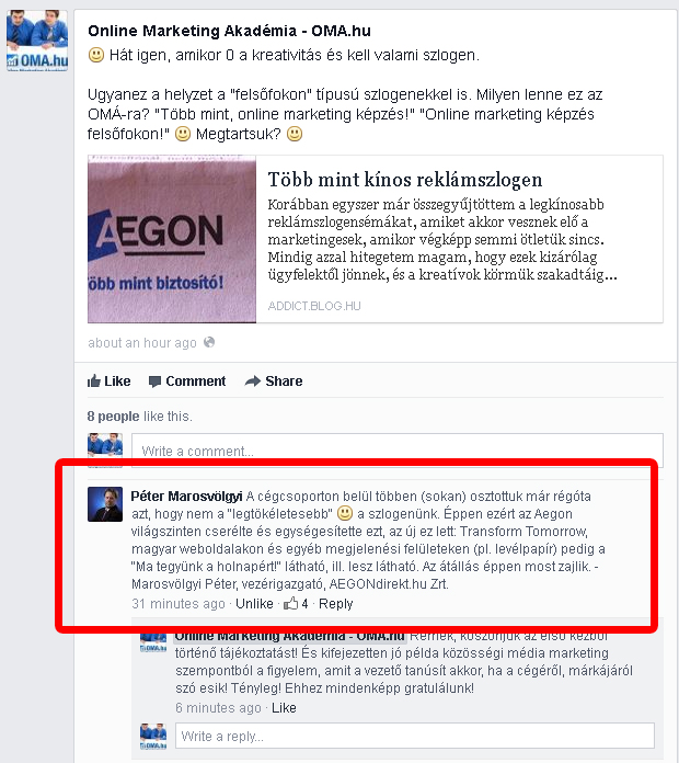 Az AEGON eset az OMA Facebook oldalán