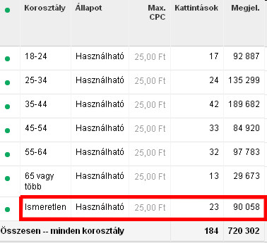 Google Adwords Demografia - korosztályok