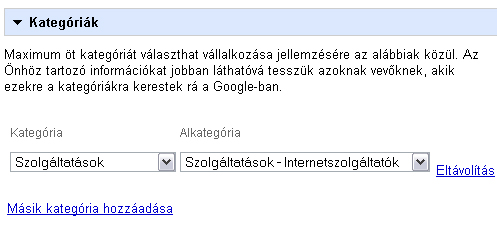 Kategória és alkategória választás a Google Helyekben
