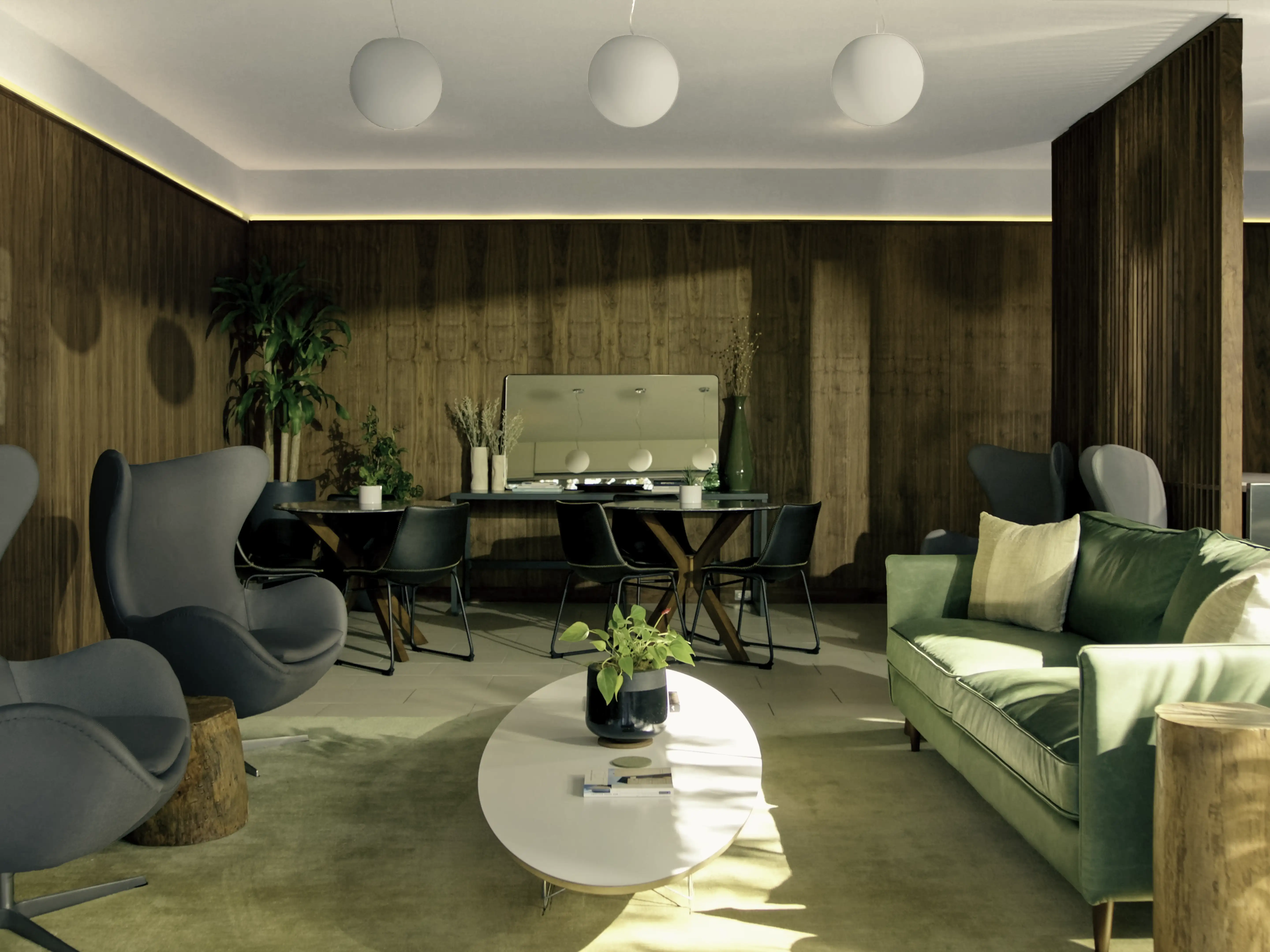 A beautiful common living room with authentic mid-century furniture and walnut clad walls.