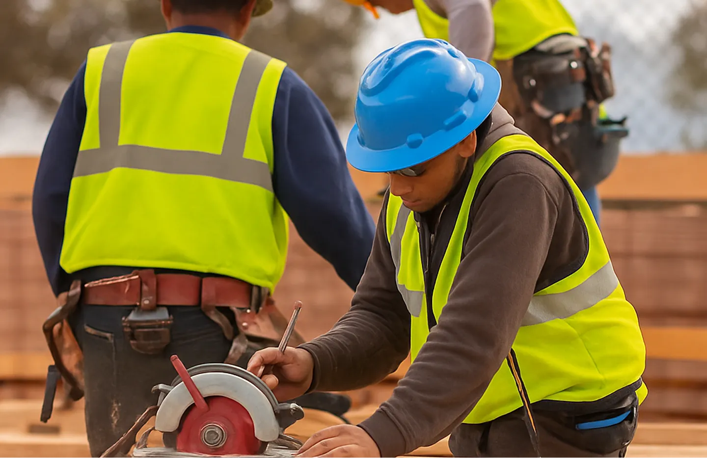 Construction workers in lemon safety vests, one wearing a blue hard hat, using a circular saw to cut wood outdoors.