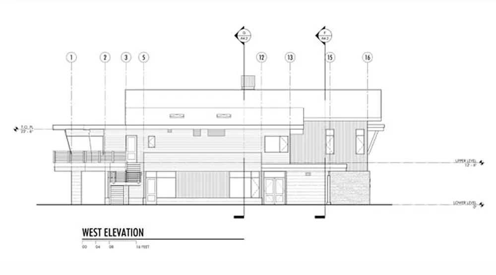 Architectural technical drawing showing the west elevation of a two-story modern house with labeled measurements and structural details.