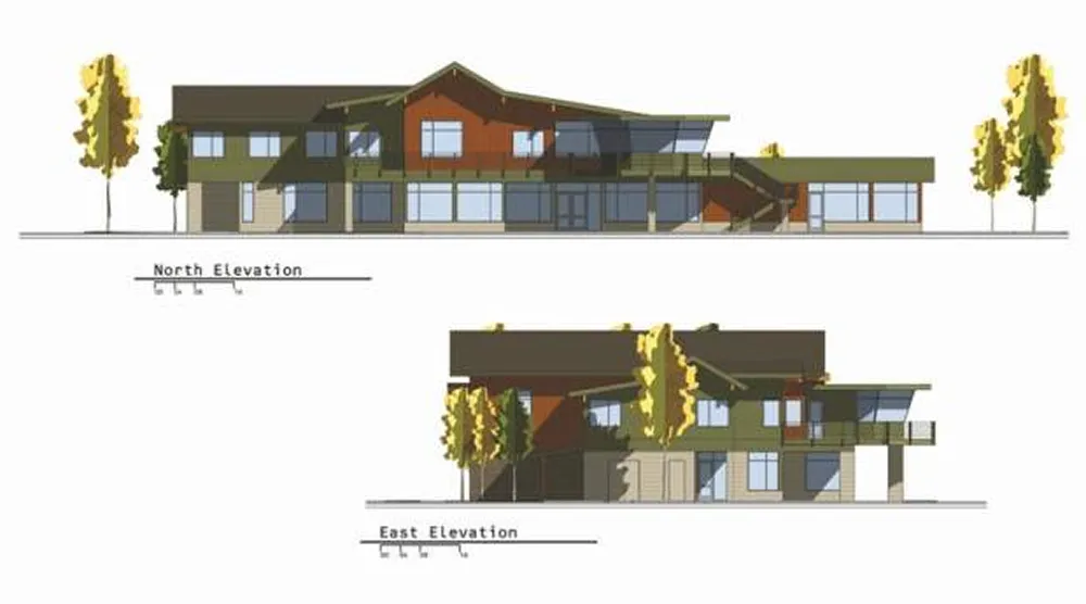 Architectural elevation drawings showing the north and east views of a two-story modern house with large windows, flat roofs, and surrounding trees.