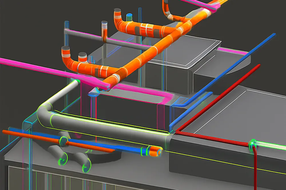3D digital rendering of a building's multi-colored ductwork and piping system on a dark background.
