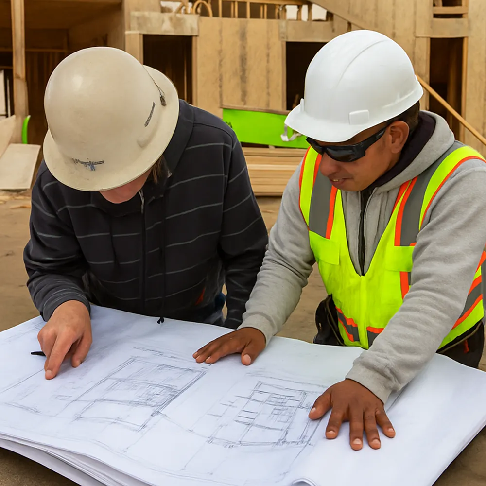 Two construction workers wearing helmets and safety gear examining building blueprints on a table at a construction site.