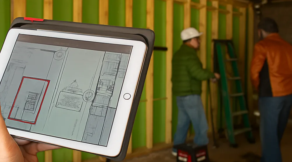 Person holding a tablet displaying building plans inside a construction site with two workers and a ladder in the background.