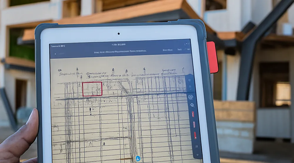 Hand holding a tablet displaying a technical sketch with grid lines and annotations in a construction site.