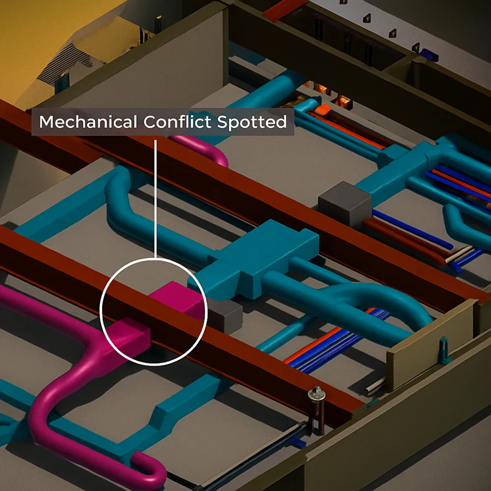 3D model of mechanical piping system highlighting a mechanical conflict where pink and brown pipes intersect.