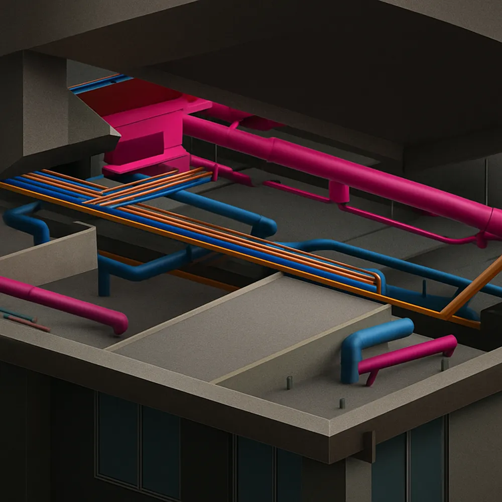 3D rendering of a building rooftop with colorful blue, pink, and orange pipes and ducts.
