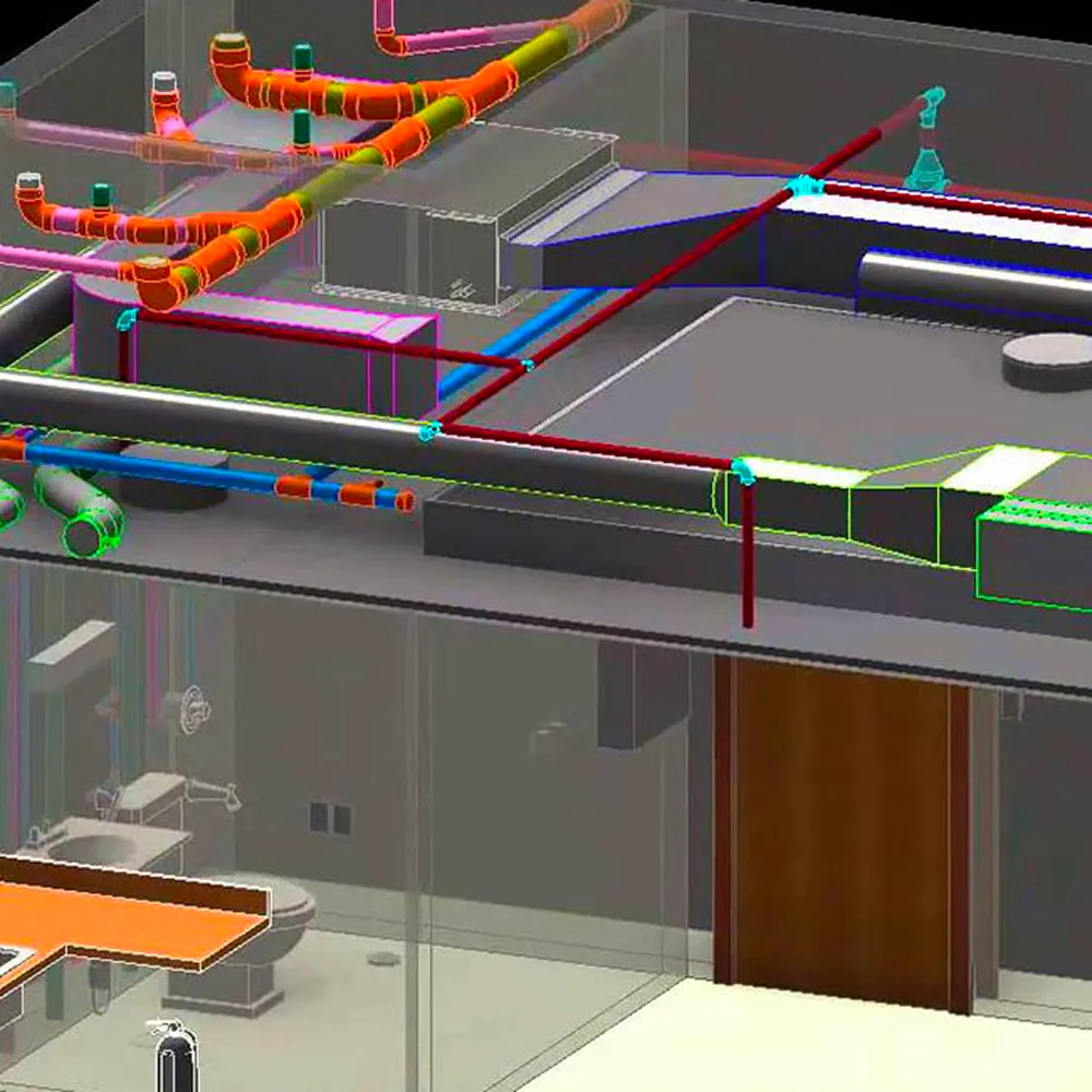 3D model of building HVAC system with visible ducts, pipes, and mechanical components above a room showing bathroom fixtures.