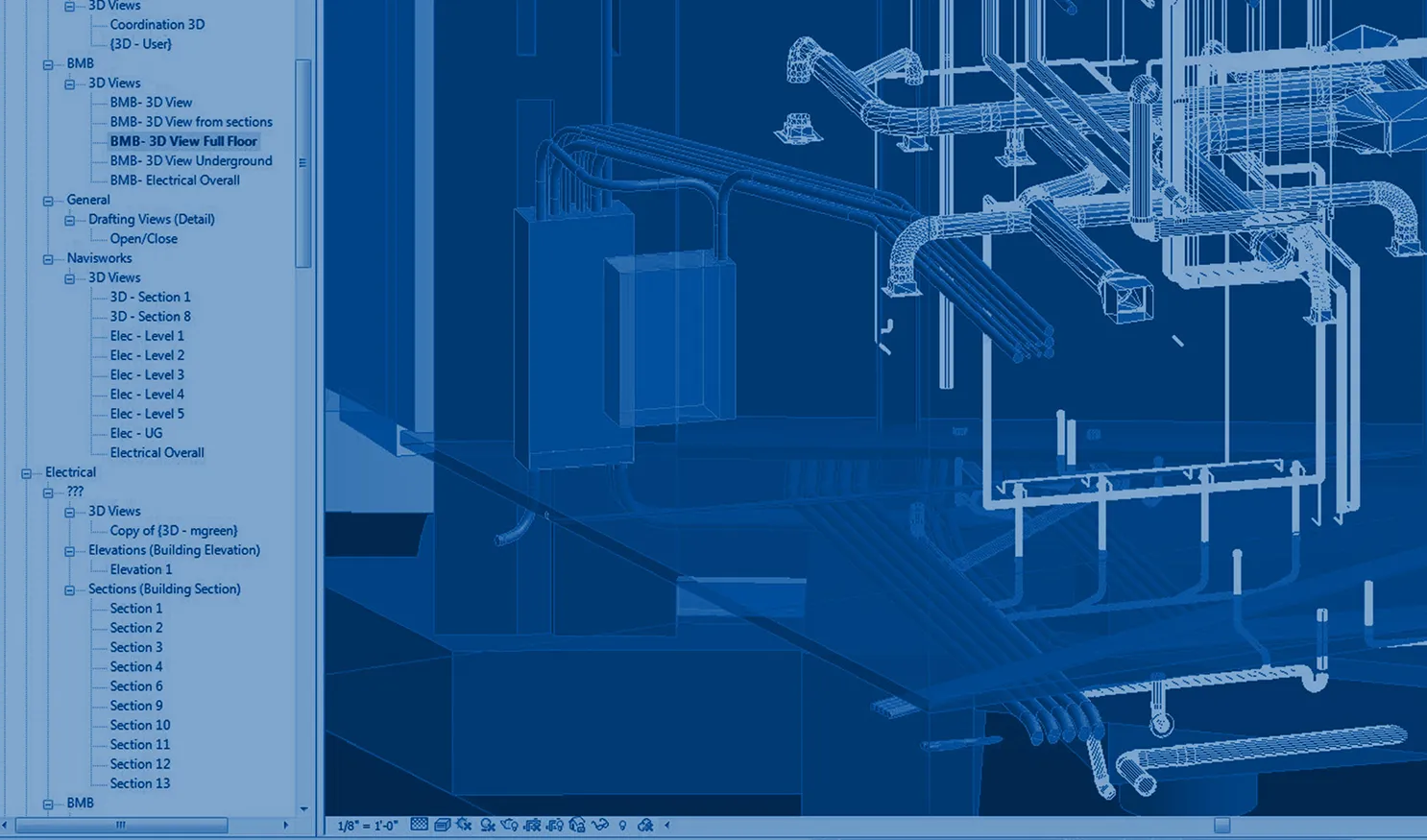 3D architectural and electrical model with a navigation tree menu on the left showing various views and sections.