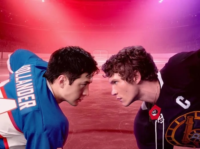 Two main male characters, Shane and Ilya, in a face-off in a hockey rink.