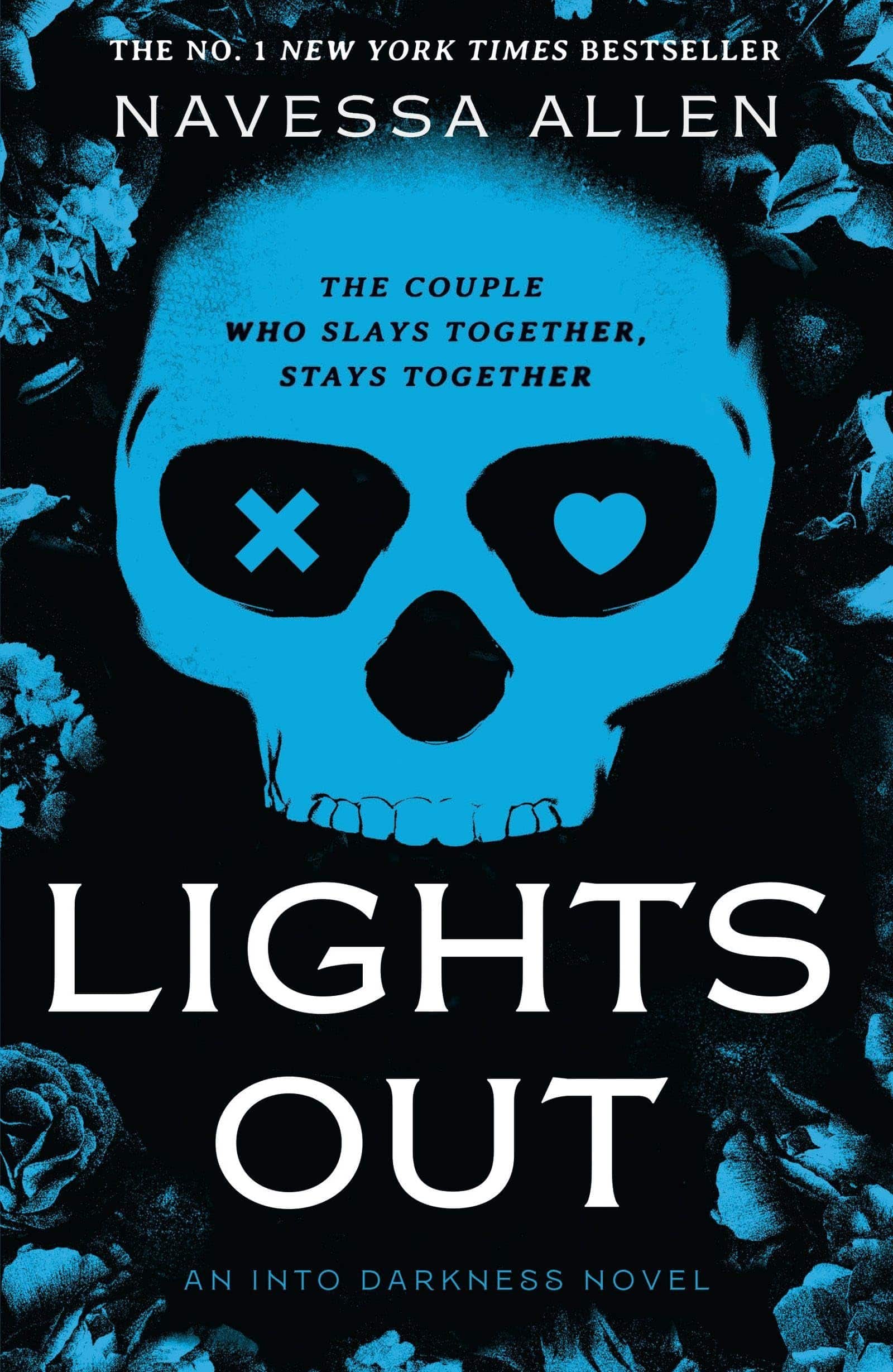 The cover of Lights Out by Navessa Allen, featuring a blue skull on a black background.