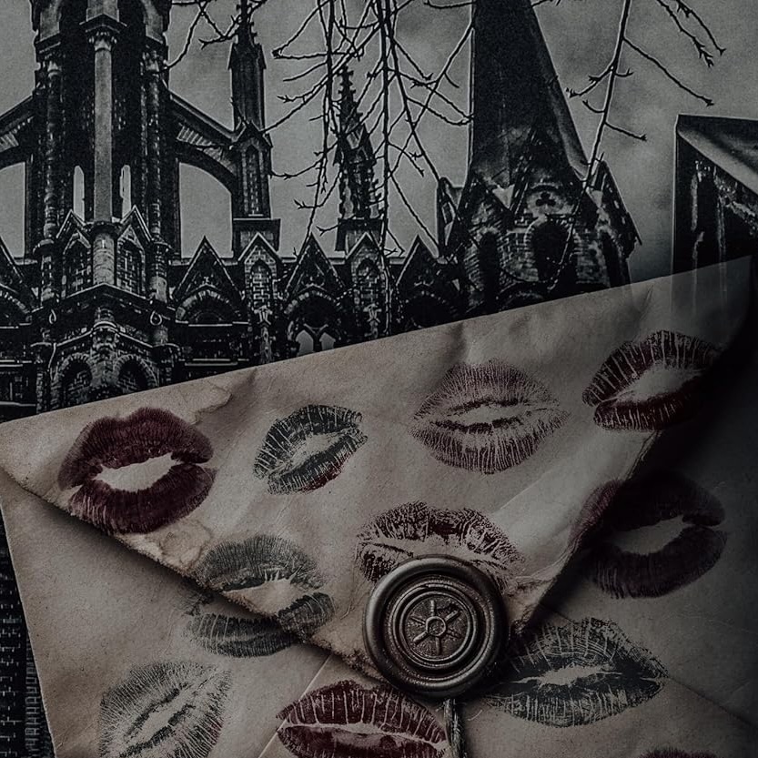 Envelope covered in kisses and a wax seal in front of the spires of an old gothic building.