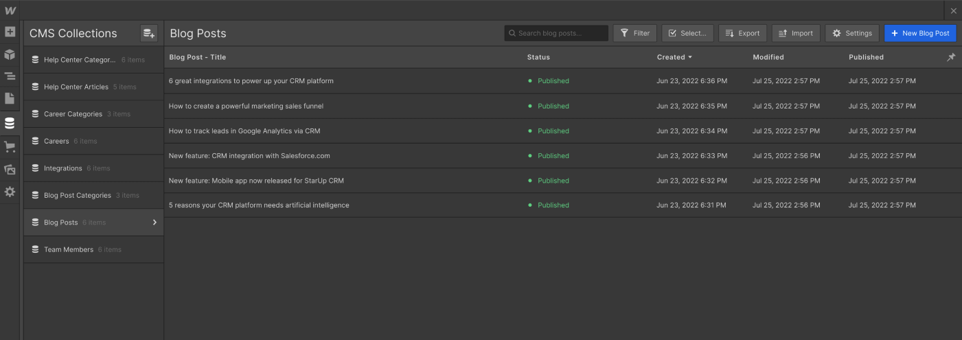 CMS Collection - StarUp X Webflow Template