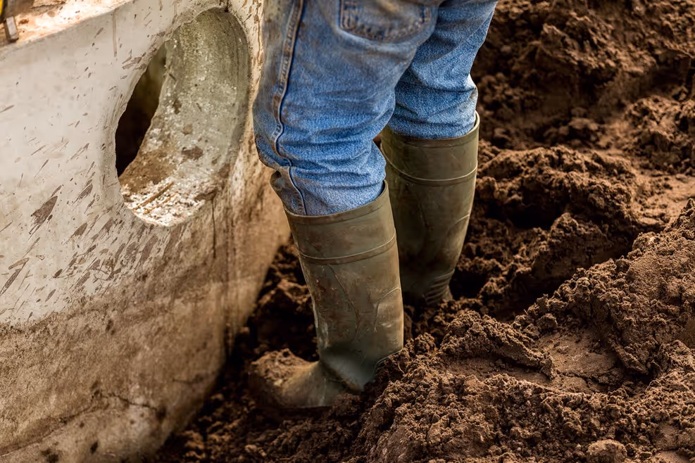 Muddy boots and jeans near a stone wall on excavated ground