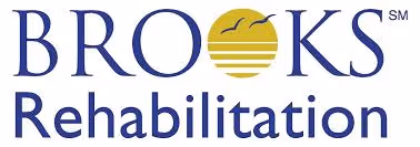 Brooks Rehabilitation logo with blue letters and yellow sun icon