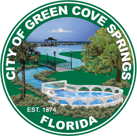 Green Cove Springs city seal with scenic waterfront pier and circular pool