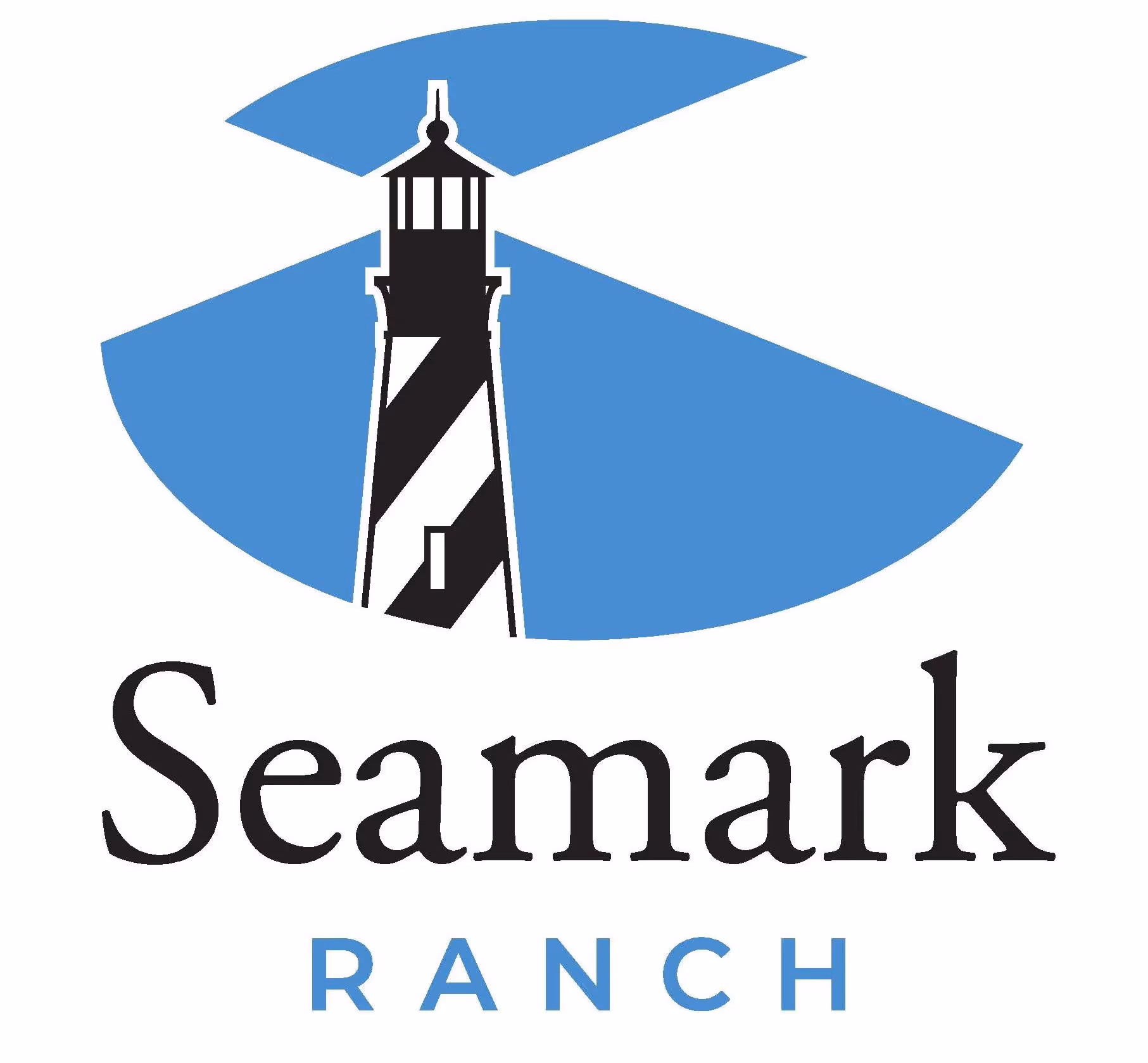 Seamark Ranch logo with a black and white lighthouse on blue background