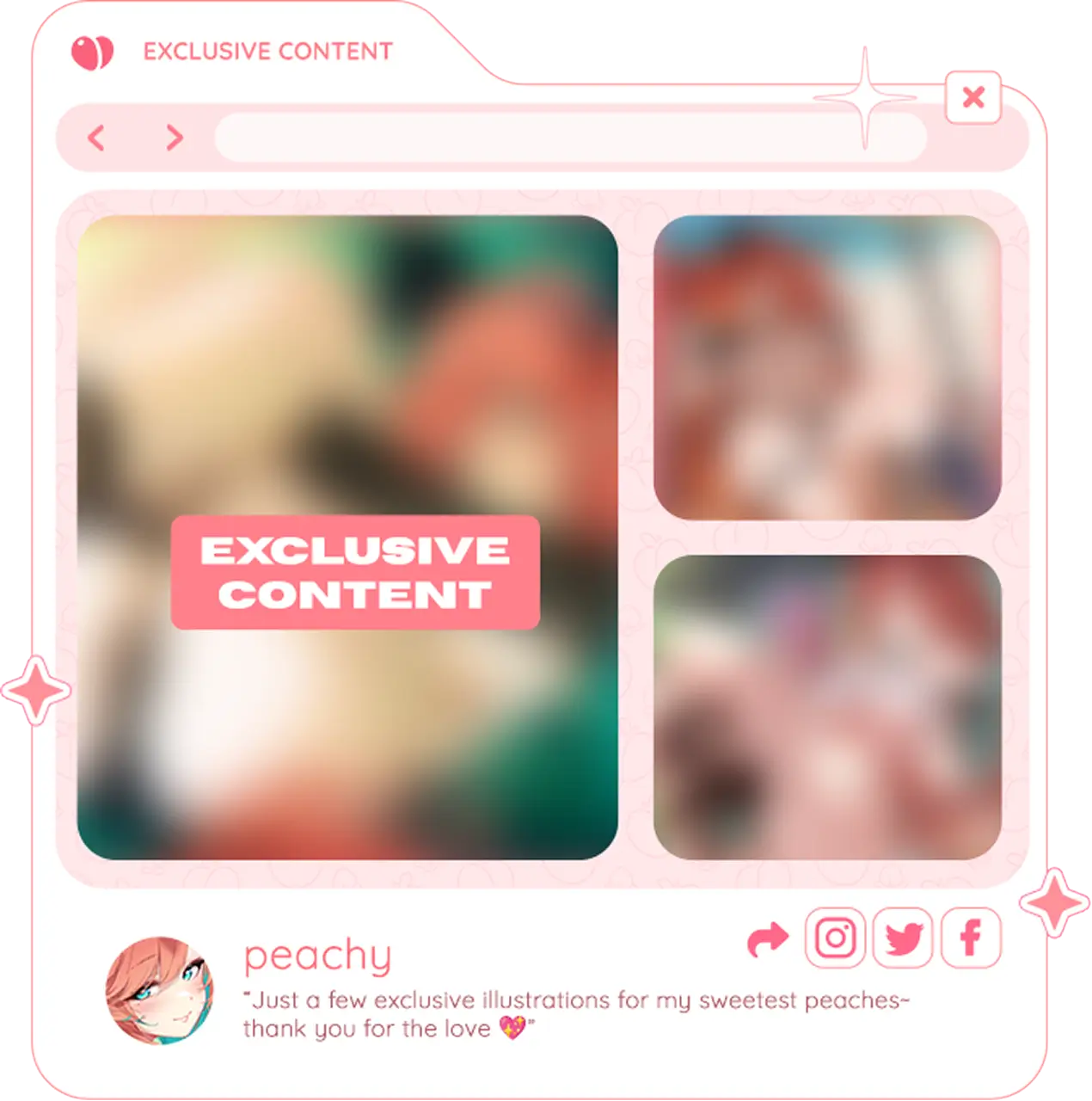 Social media post interface showing blurred exclusive content preview with user profile 'peachy' and a message about exclusive illustrations.