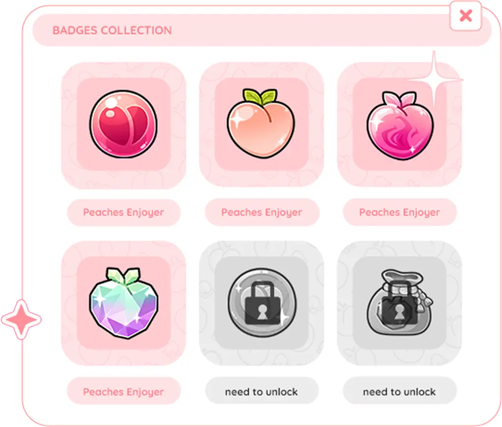 Badges collection interface showing four colorful peach-themed badges labeled 'Peaches Enjoyer' and two locked badges labeled 'need to unlock'.