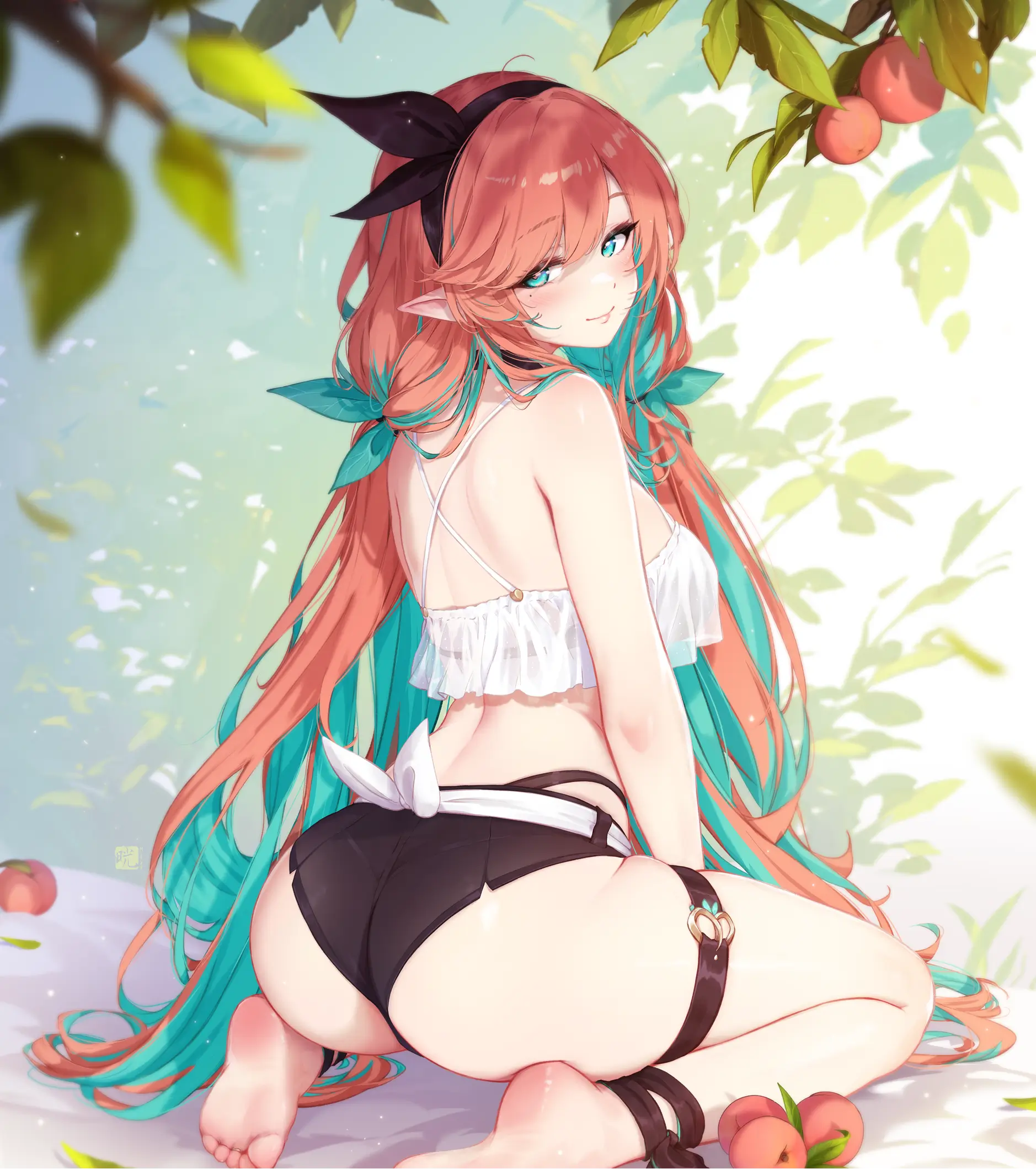 Anime-style character with long flowing red and teal hair, wearing a white crop top and black shorts, kneeling outdoors near peaches and leafy branches.