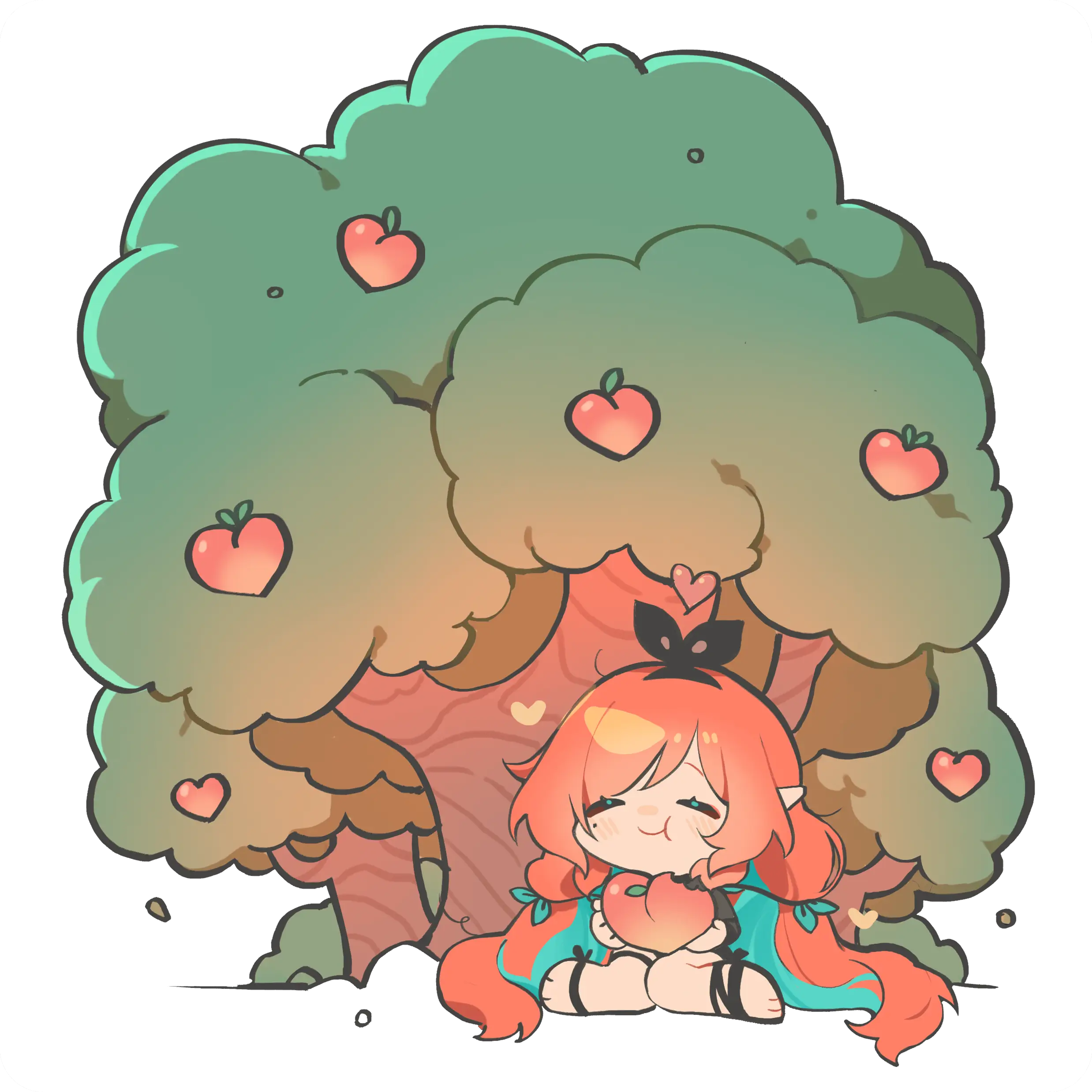 Cartoon girl with long orange hair sitting happily under a large peaches tree, holding a peach.
