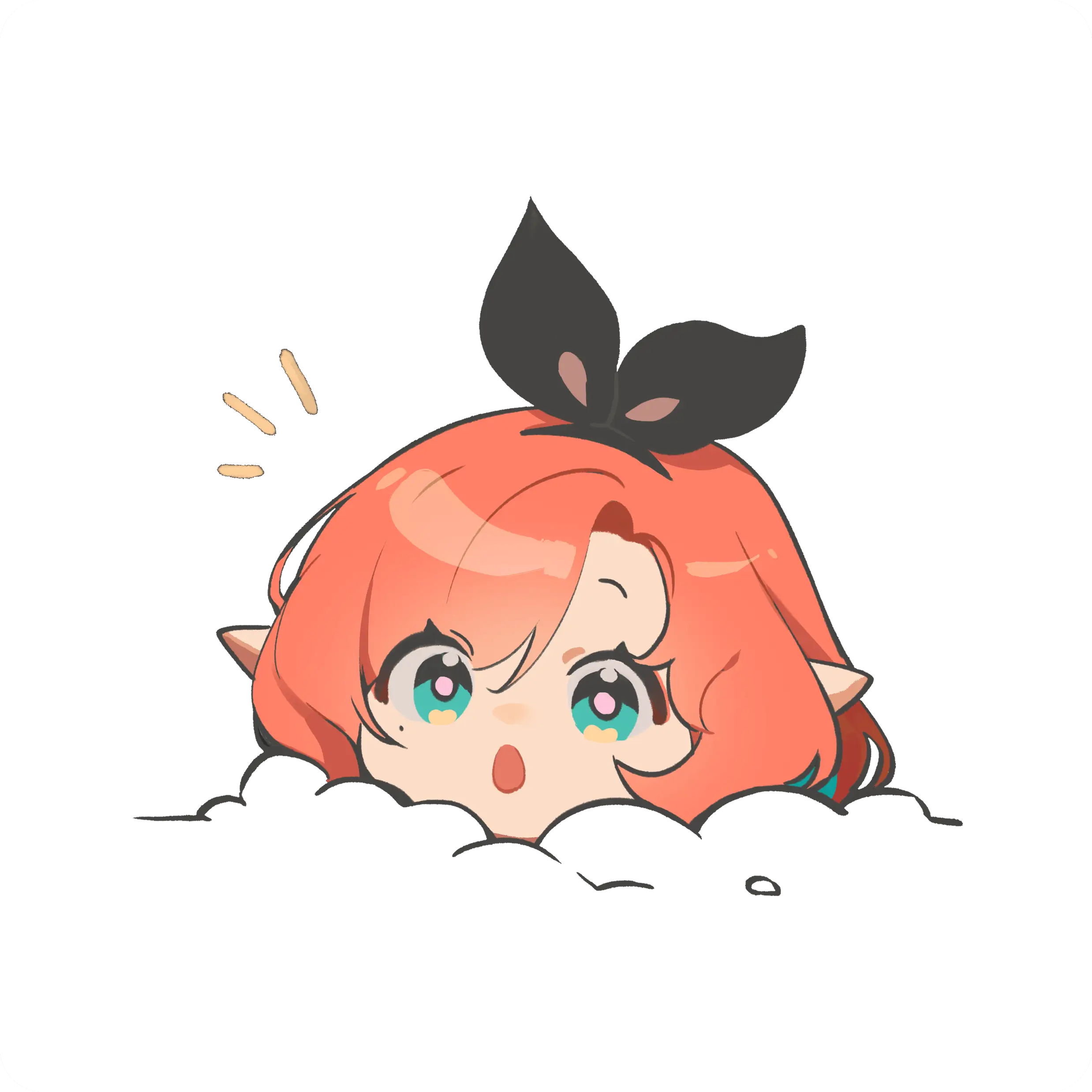 Cartoon character with red hair, blue eyes, and a black bow looking surprised while emerging from black clouds.