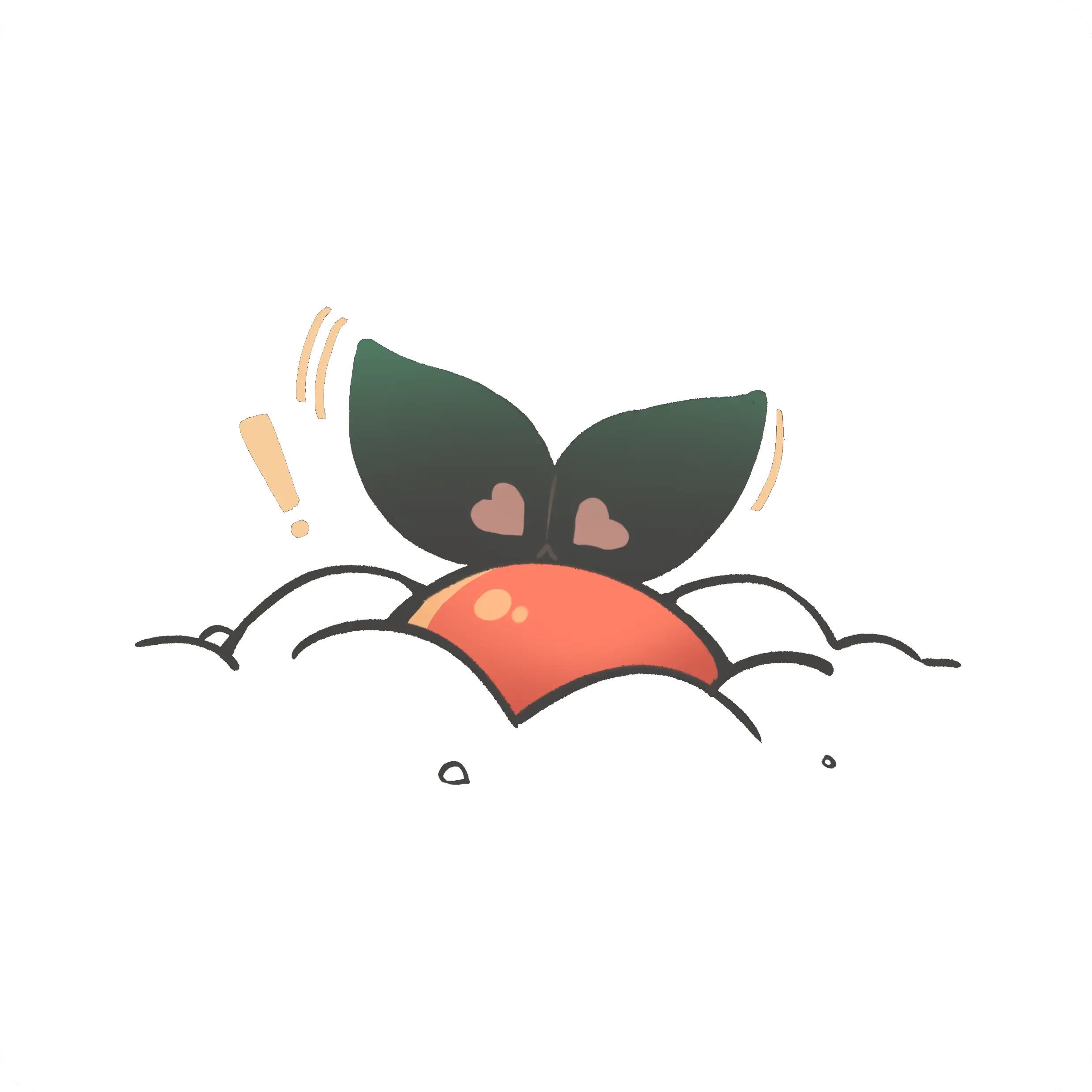 Illustration of a mystical peach orb with green leaves featuring heart shapes, surrounded by black mist and an exclamation mark indicating surprise.