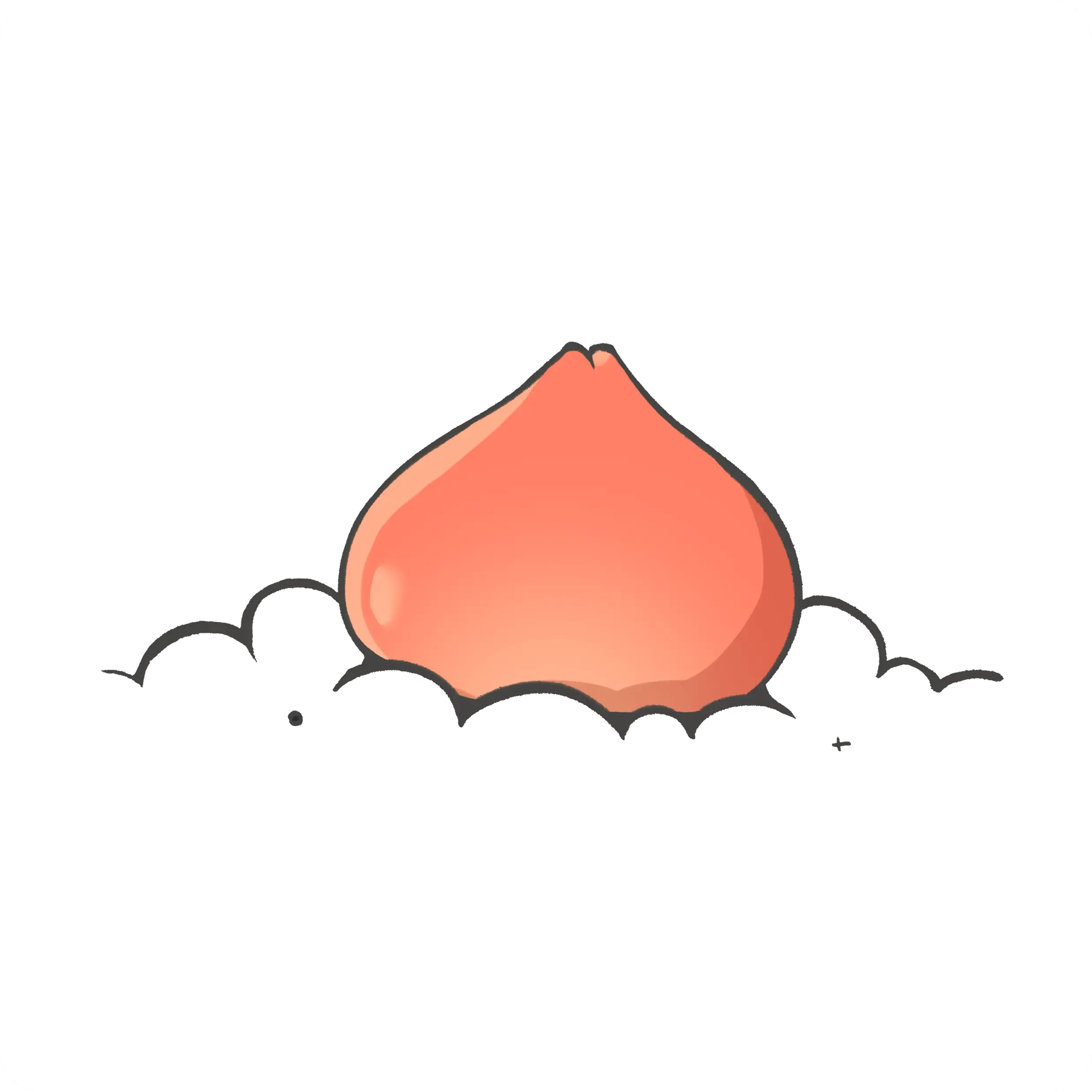 Illustration of a peach fruit partially surrounded by black cloud-like shapes on a black background.