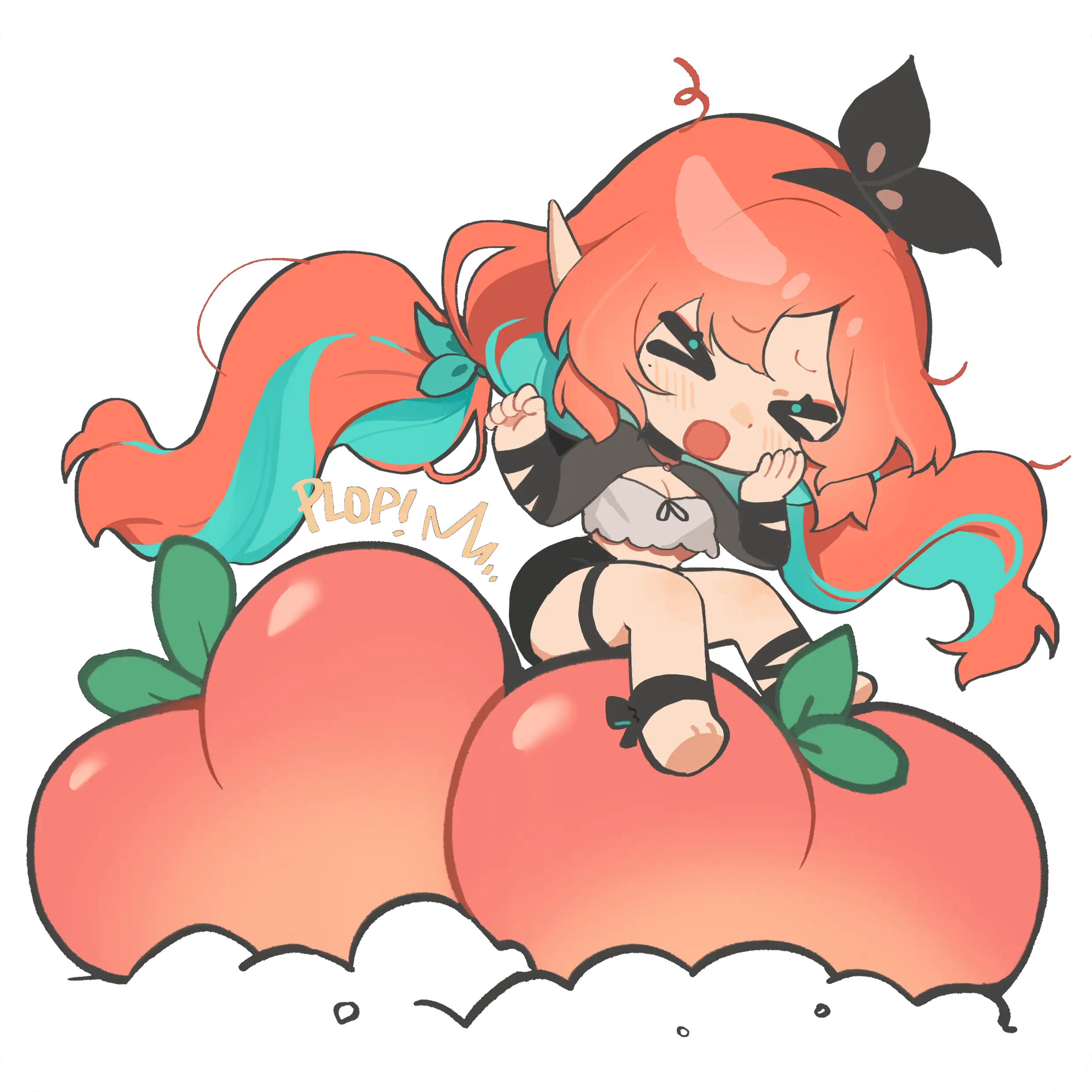 Chibi-style girl with orange hair and teal streaks sitting surprised on two large peaches with green leaves.