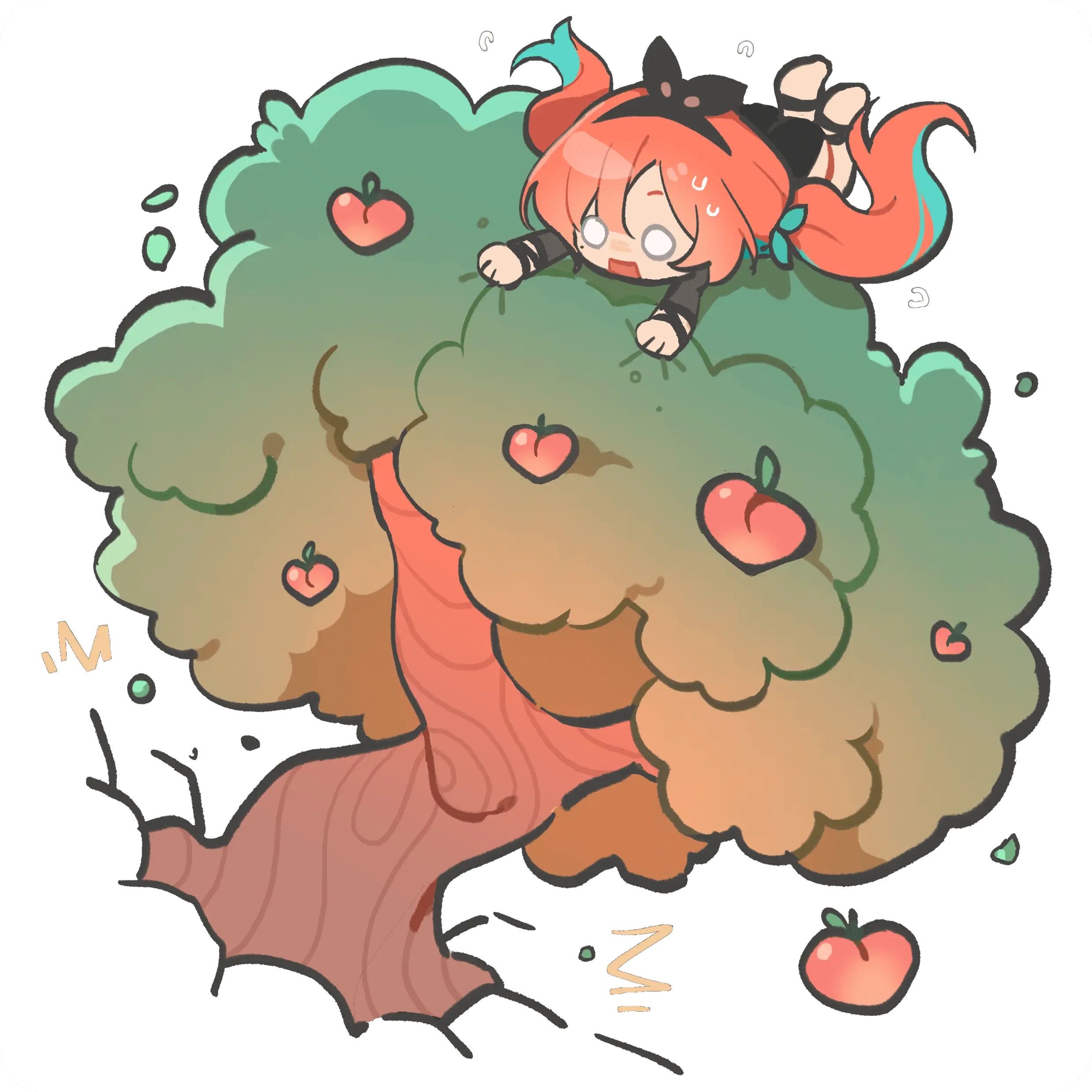 Cartoon girl with orange hair hanging nervously from the top of an peach tree with several peaches on the branches and ground.