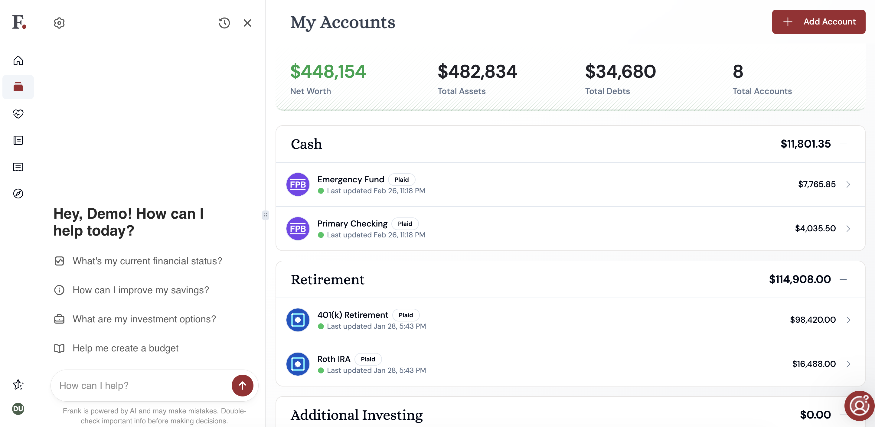 The account page on Frank's platform.