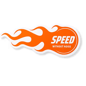 Orange flame-shaped sticker with the text 'SPEED WITHOUT NOISE' in white.