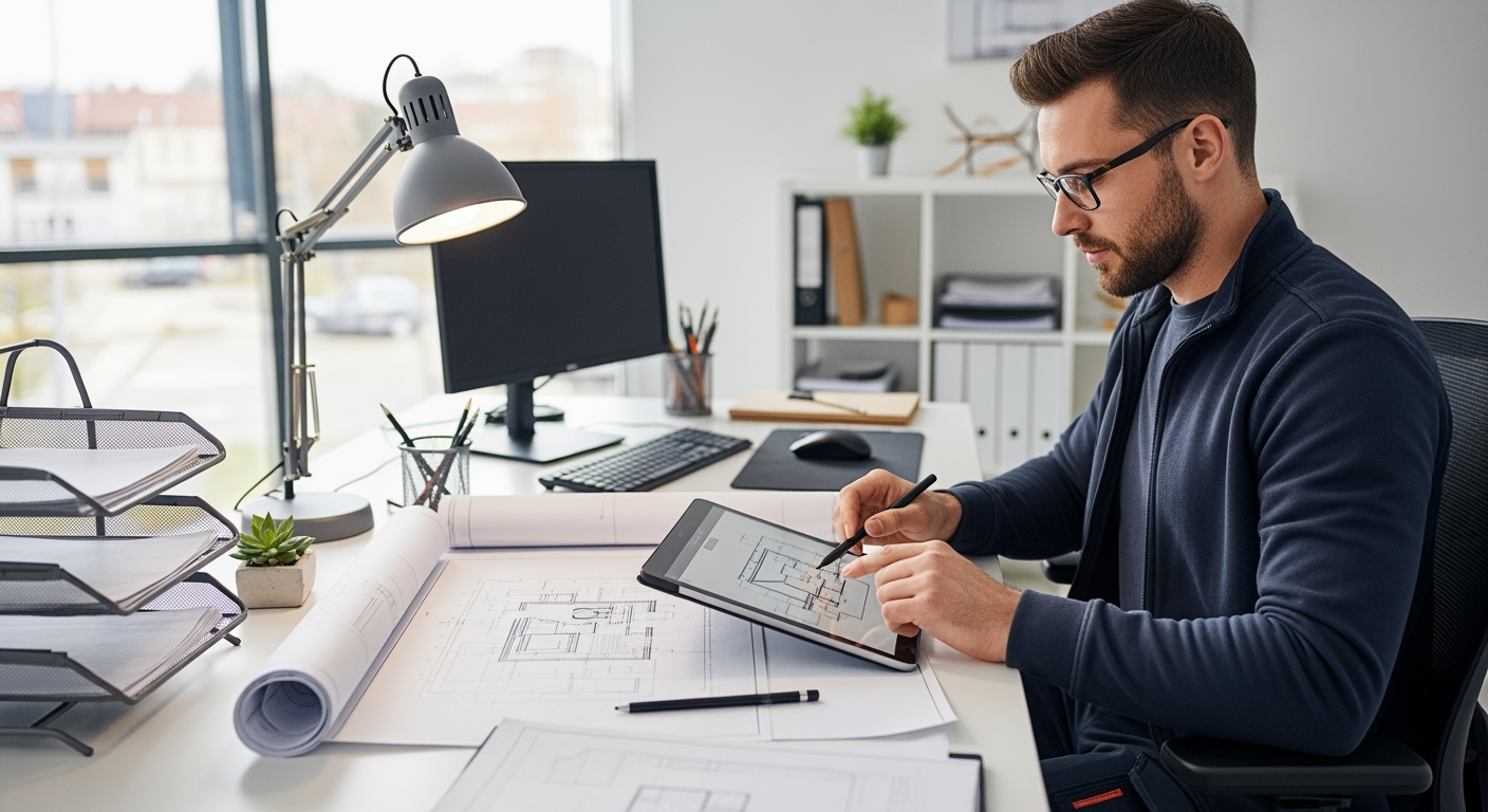 Papierloses Büro im Handwerk - Handwerker arbeitet an Tablet im modernen digitalen Büro ohne Papier