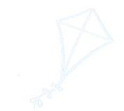 Simple blue line drawing of a kite with tail bows on a black background.