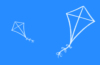Two white outlined kites flying against a bright blue sky background.