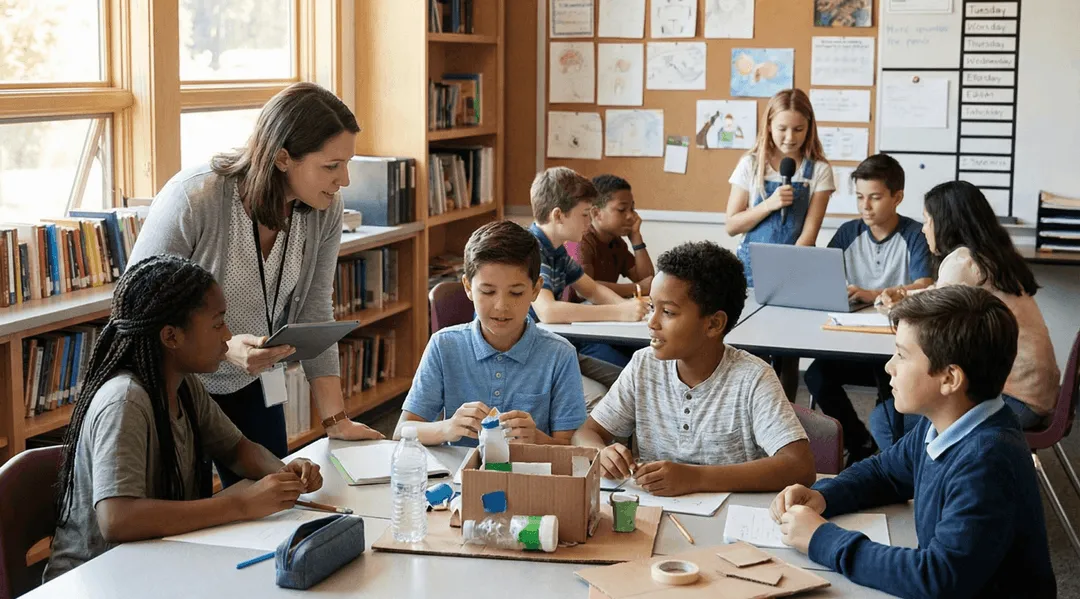 Middle school students working together on a hands-on project at a classroom table while their teacher looks on.
