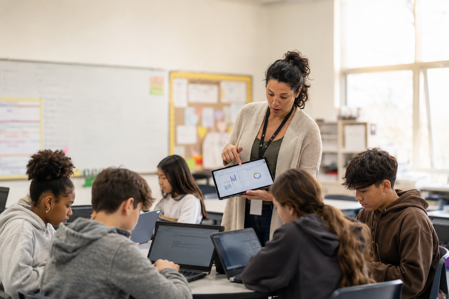 A middle school teacher reviews live student results on a tablet while her class works on laptops