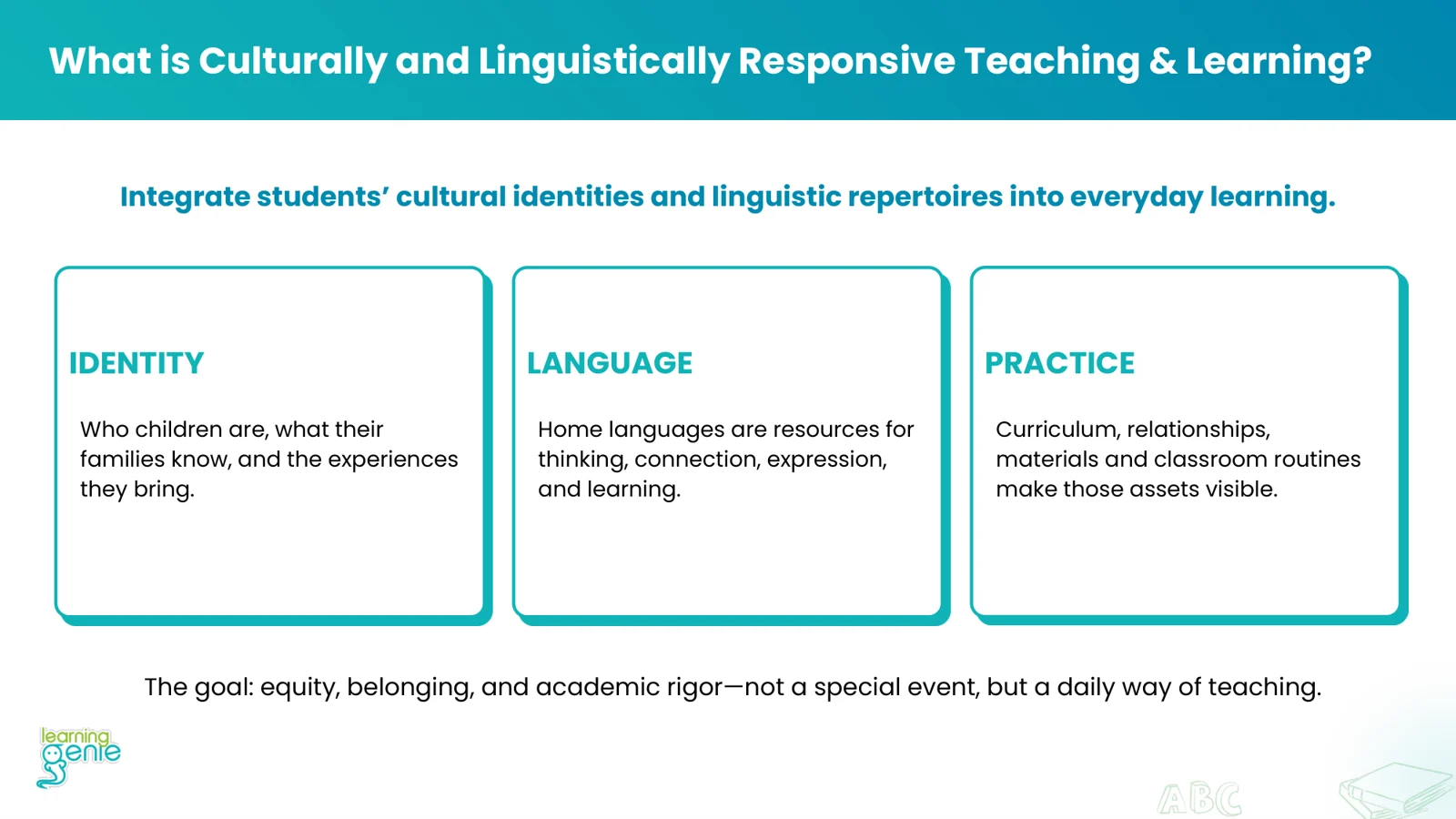 Culturally and linguistically responsive teaching in early childhood: identity, language and practice, with the goal of equity, belonging and academic rigor