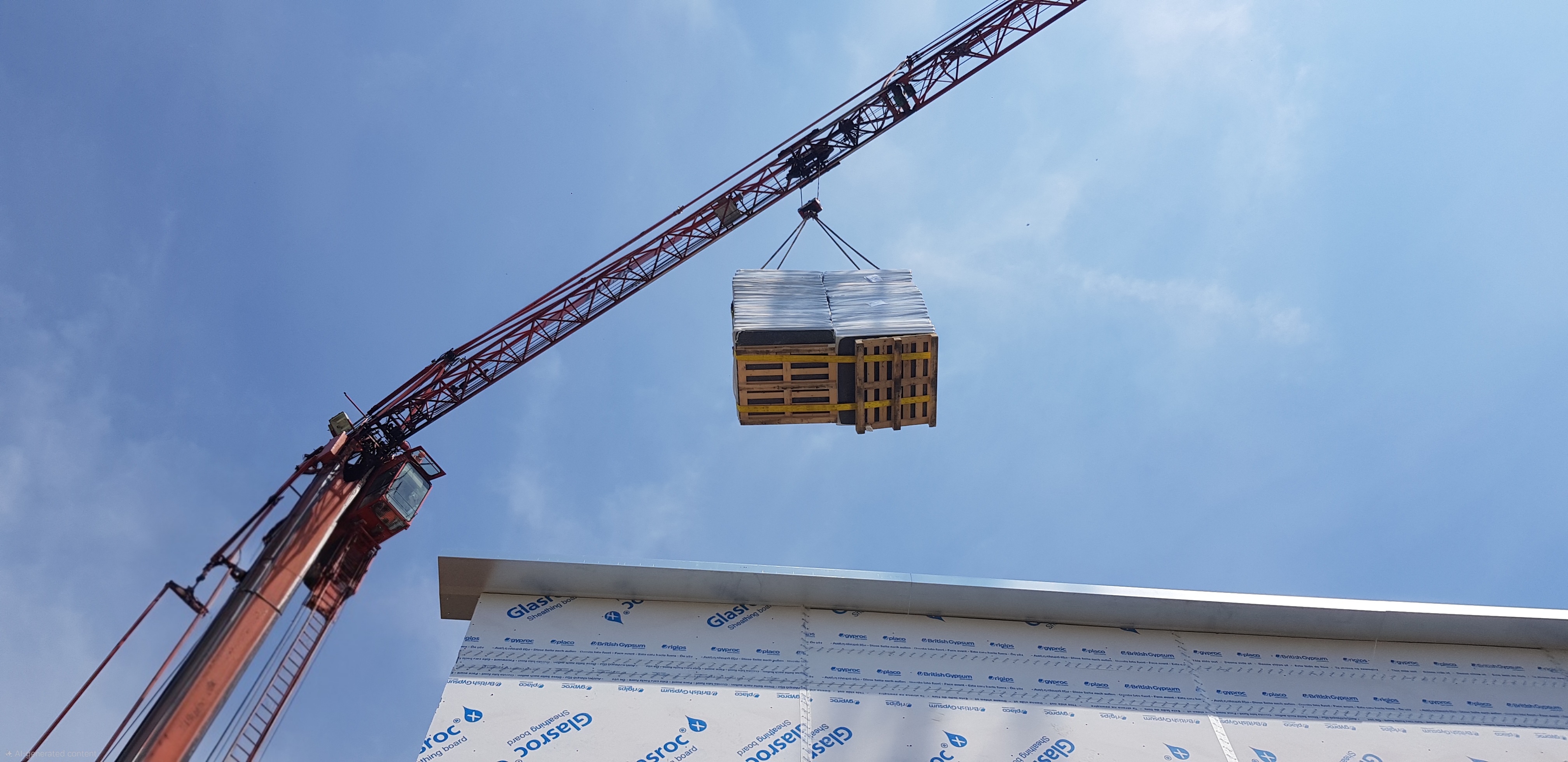 Red construction crane lifts wrapped pallets over a building under construction against a blue sky.