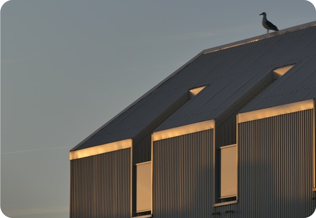 Modern stålbyggnad med upplysta kanter, takfönster och en silhuett av en fågel i skymningen i urban industriell landskapsarkitektur.